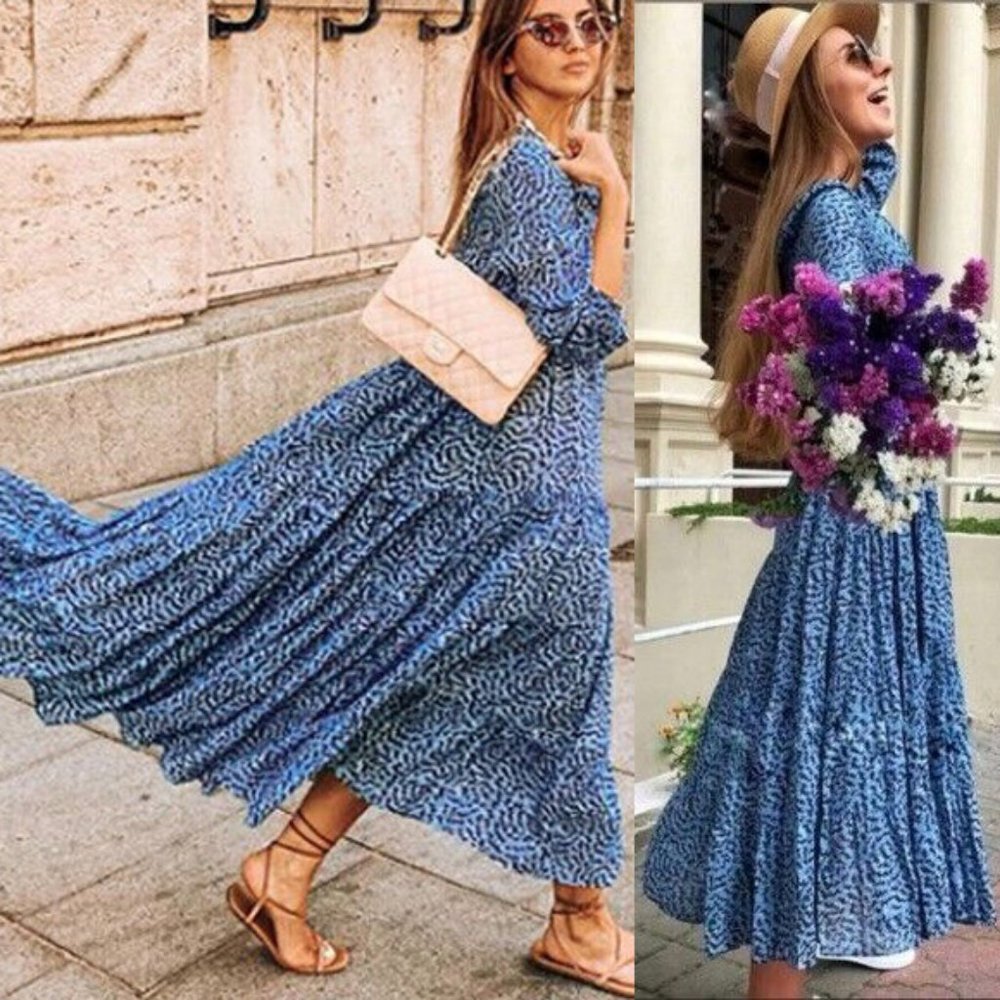 Zara Blue Angel Long Sleeve Prairie Tiered Midi Maxi Dress S Blogger's Favorite - Picture 2 of 15